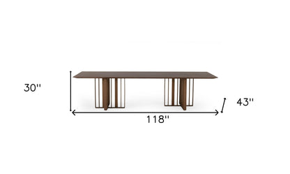 118" Brown And Brass Stainless Steel Double Pedestal Base Dining Table