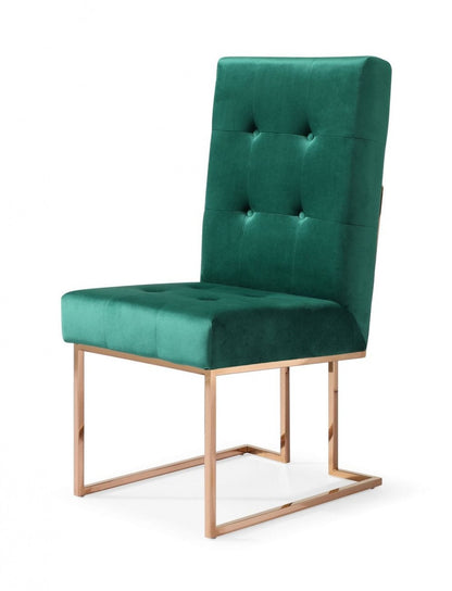 Set of Two Tufted Green And Rose Gold Upholstered Velvet Dining Side Chairs