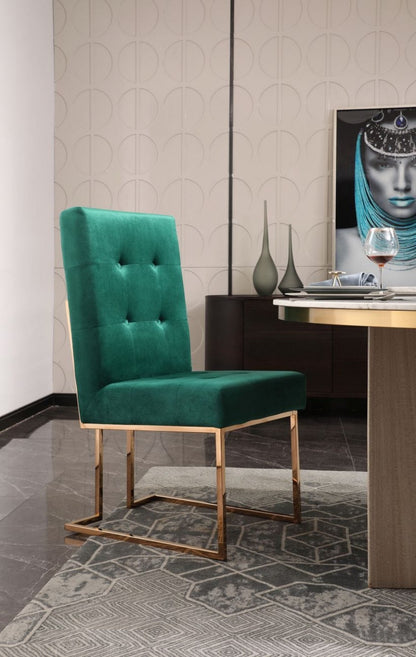 Set of Two Tufted Green And Rose Gold Upholstered Velvet Dining Side Chairs