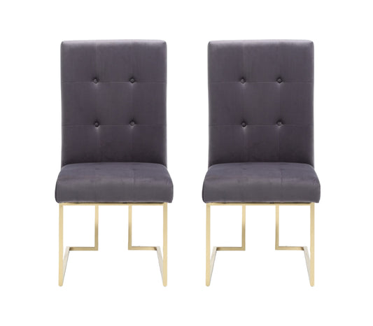 Set of Two Tufted Gray And Gold Upholstered Fabric Dining Side Chairs