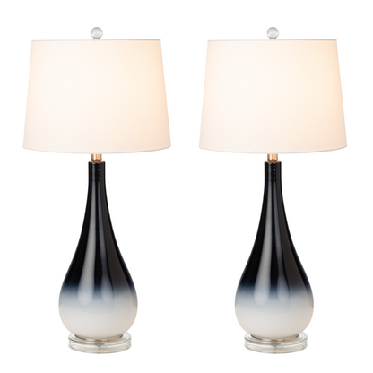 Set Of Two 31" Black And White Glass Table Lamps With White Empire Shade