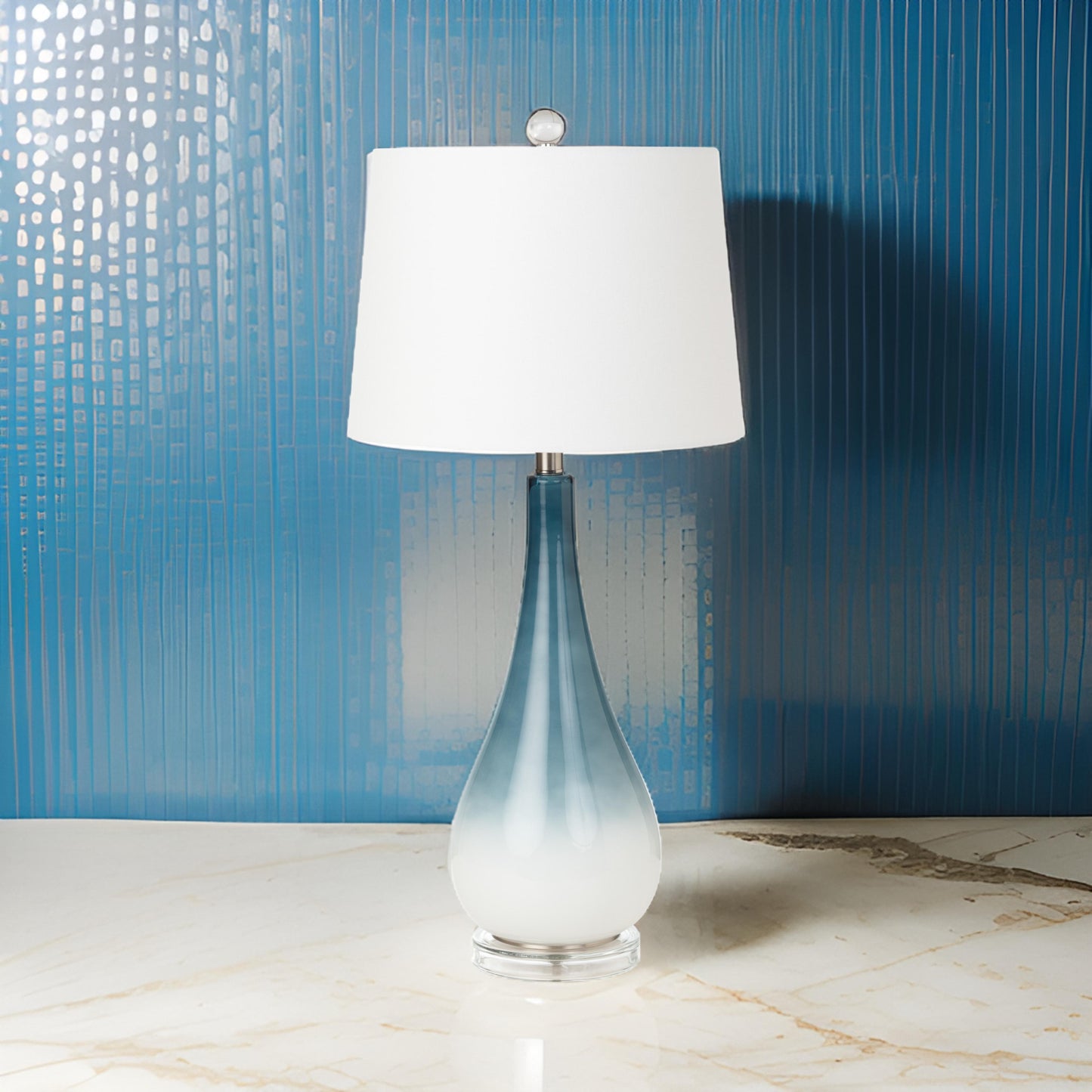 Set of Two 31" Blue and White Glass Table Lamps With White Empire Shade