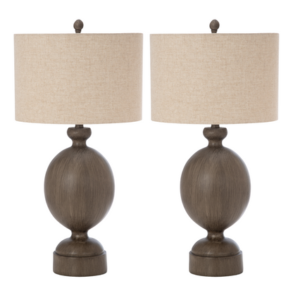 Set of Two 30" Brown Geometric Table Lamps With Beige Drum Shade