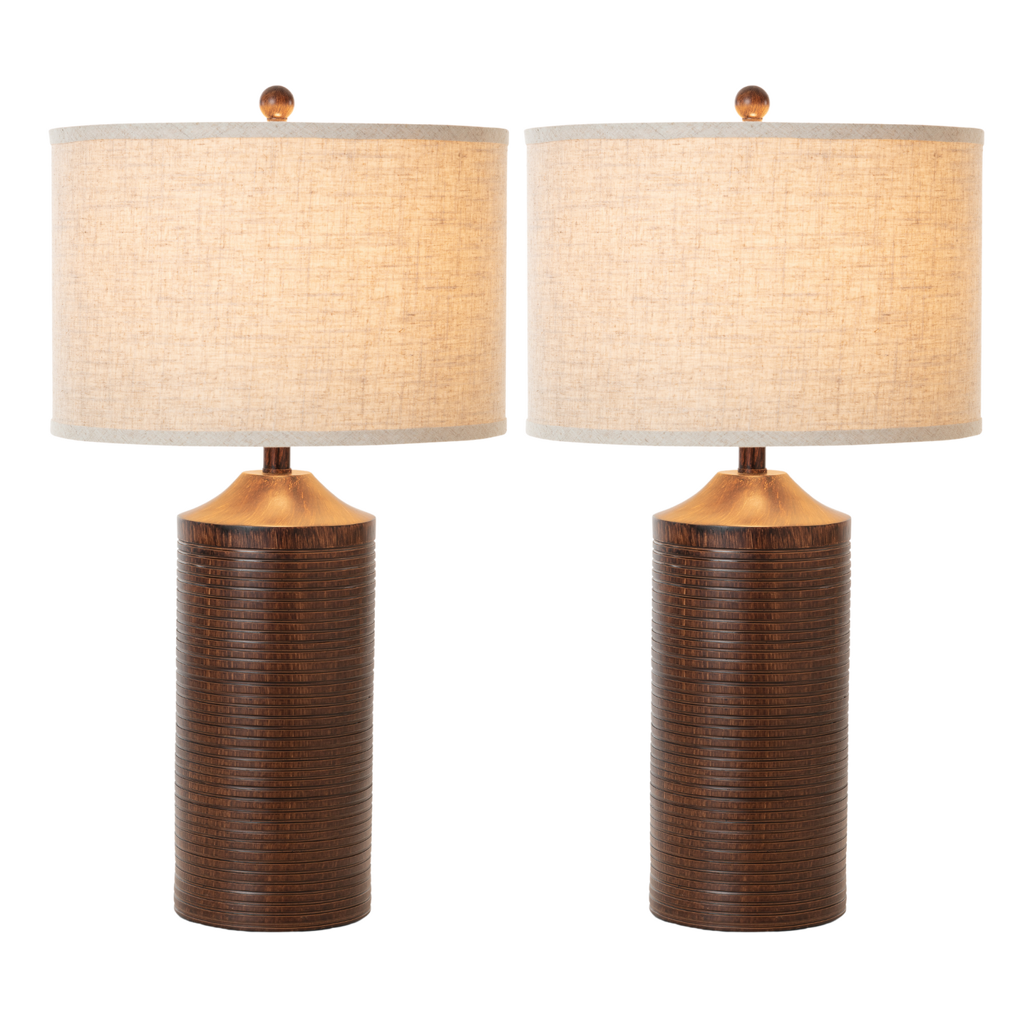 Set of Two 31" Distressed Brown Table Lamp USB With Beige Drum Shade