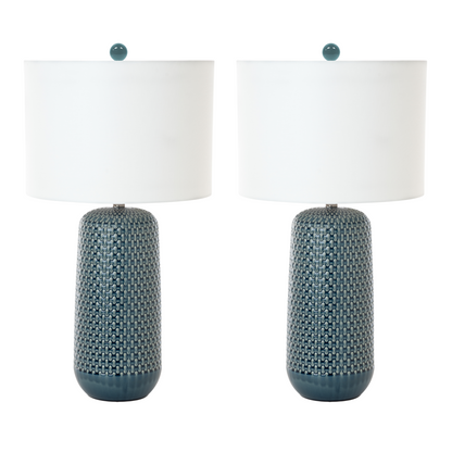 Set of Two 30" Blue Ceramic Geometric Table Lamp With White Drum Shade