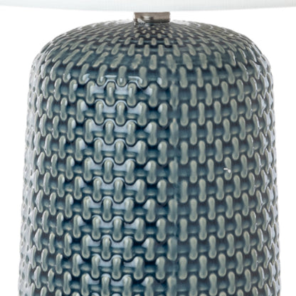 Set of Two 30" Blue Ceramic Geometric Table Lamp With White Drum Shade