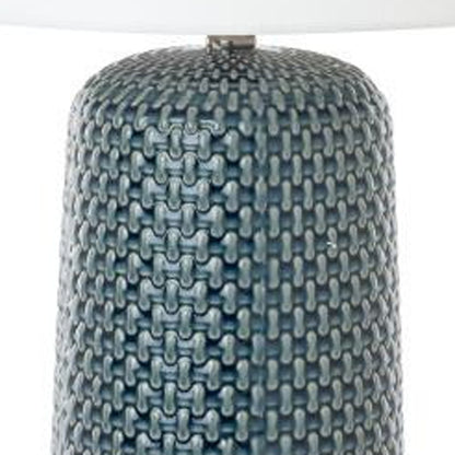 Set of Two 30" Blue Ceramic Geometric Table Lamp With White Drum Shade