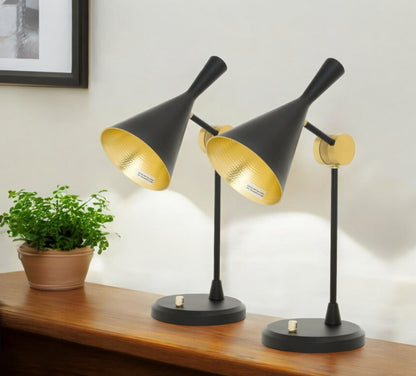 Set of Two 23" Black Metal Geometric Desk Table Lamps With Black and Gold Cone Shade