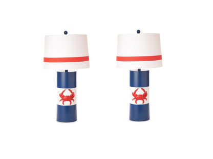 Set of Two 31" Red White and Blue Coastal Table Lamps With White Empire Shade