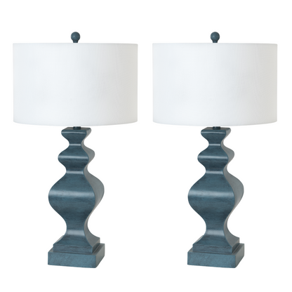 Set Of Two 31" Distressed Teal Table Lamps With White Drum Shade