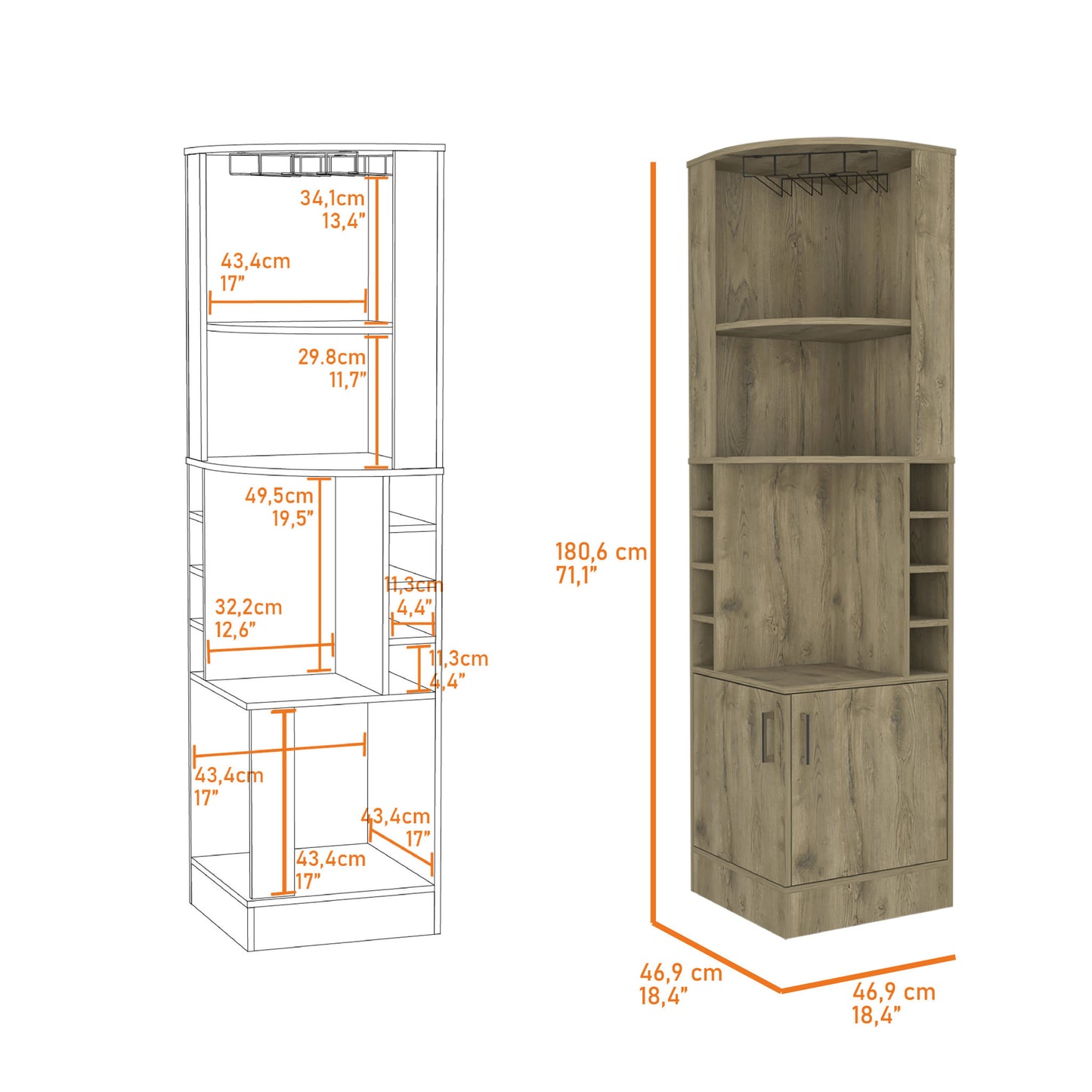 18" Natural Corner Bar Cabinet With Eleven Shelves