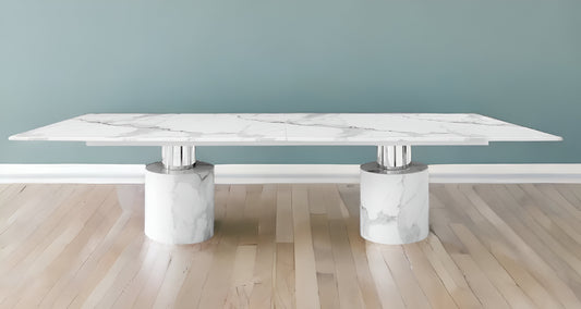 180" White Marble Double Pedestal Base Dining Table