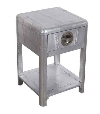 24" Silver Aluminum Square End Table With Drawer And Shelf