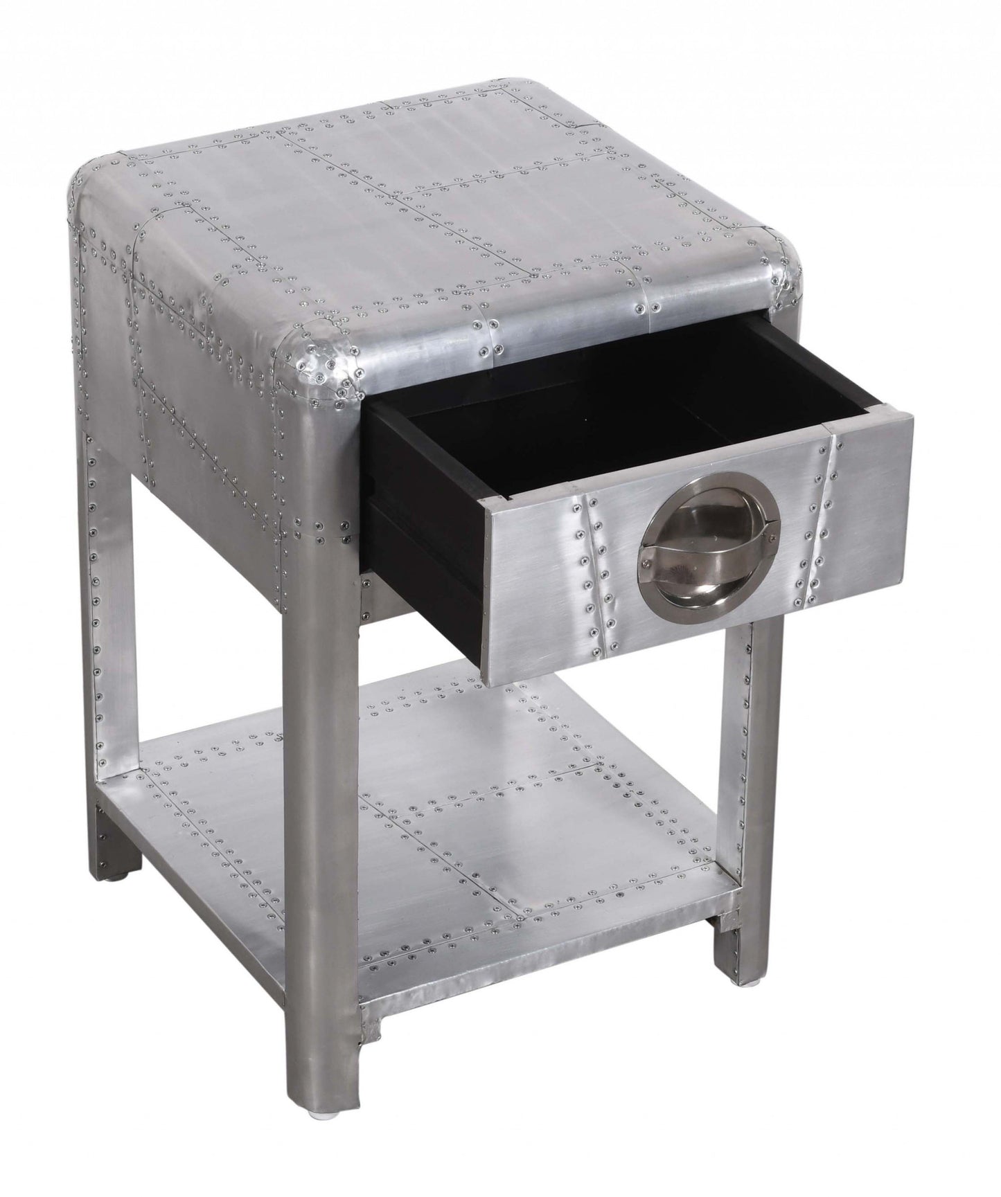 24" Silver Aluminum Square End Table With Drawer And Shelf