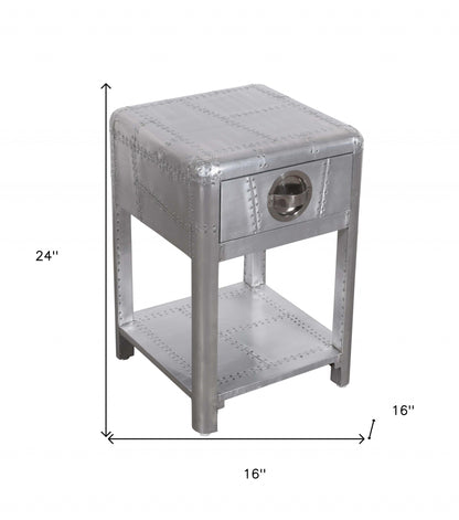 24" Silver Aluminum Square End Table With Drawer And Shelf