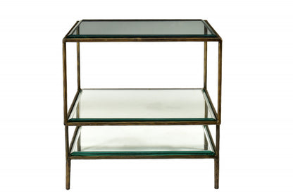 20" Bronze And Clear Glass And Iron Square End Table With Two Shelves