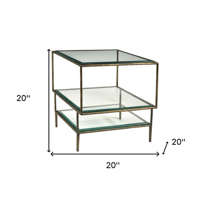 20" Bronze And Clear Glass And Iron Square End Table With Two Shelves