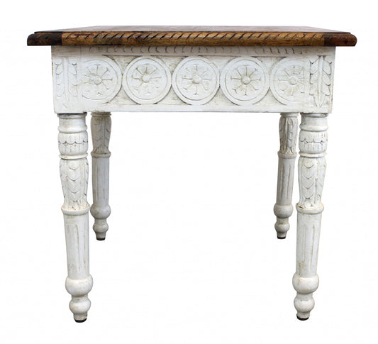 24" Ivory And Brown Distressed Solid Wood Square End Table