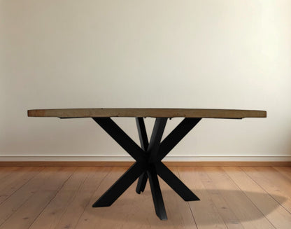 72" Gray Beige And Black Solid Wood And Iron Round Dining Table