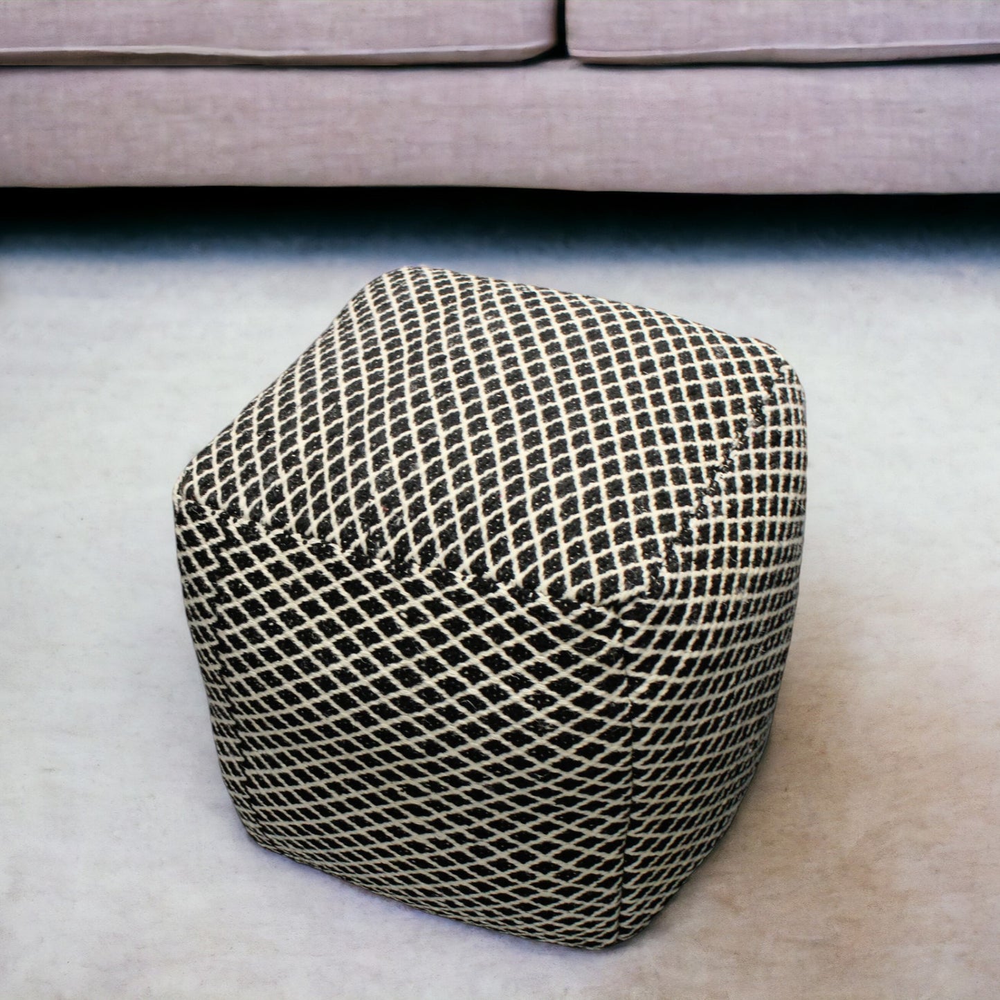 18" Black and Ivory Wool Cube Geometric Pouf Ottoman