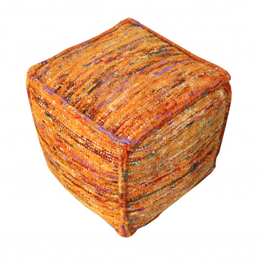 18" Orange Recycled Silk and Cotton Blend Cube Pouf Ottoman