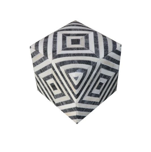 18" Dark Gray and Ivory Hair on Hide Cube Geometric Pouf Ottoman