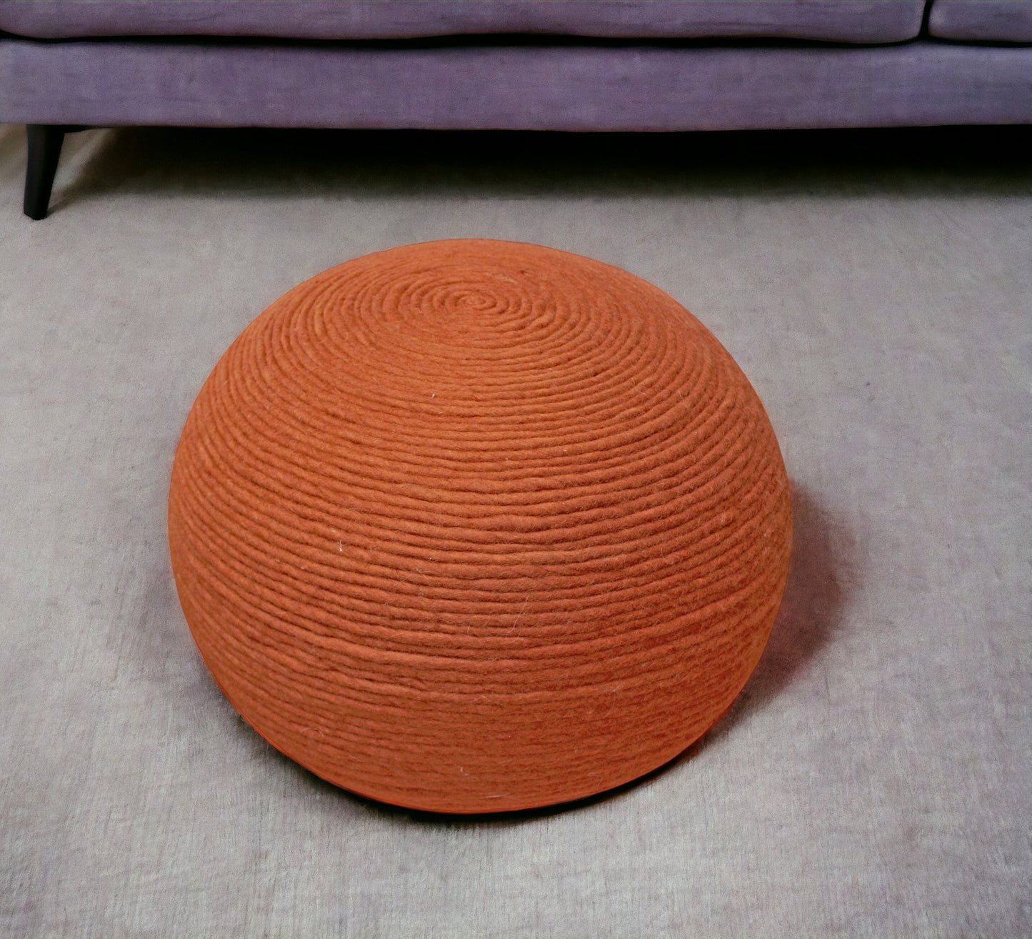 20" Orange Wool Round Ribbed Pouf Ottoman