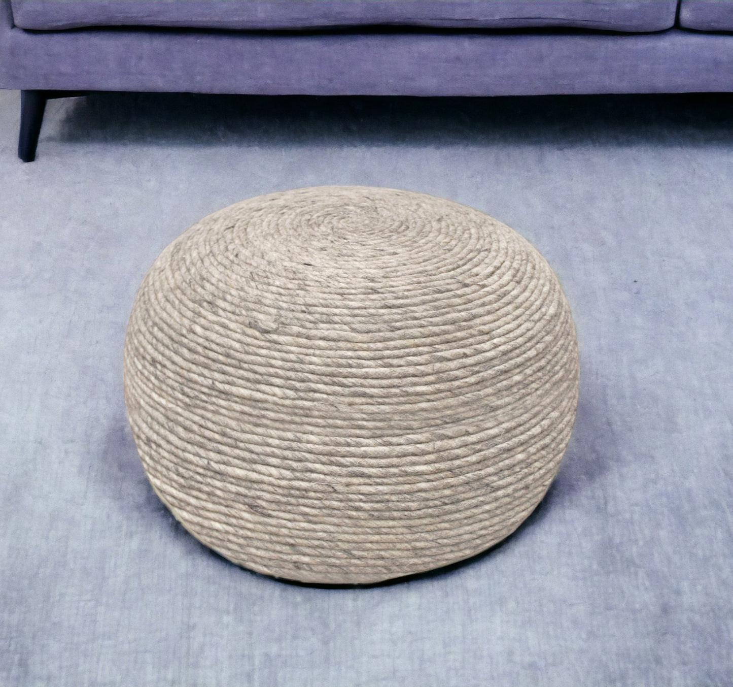 20" Gray Wool Round Ribbed Pouf Ottoman