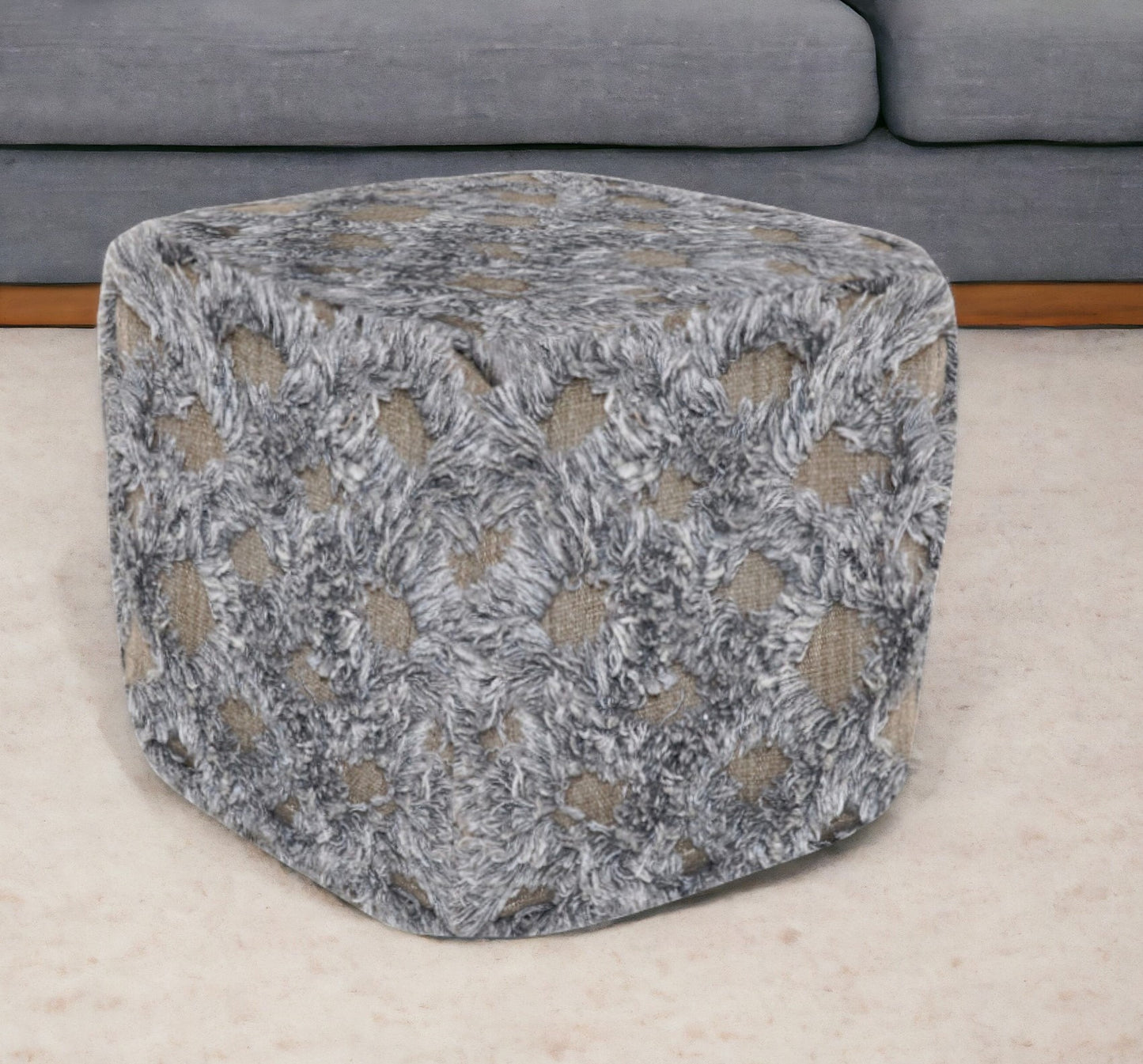 18" Natural and Gray Wool Cotton Blend Cube Geometric Pouf Ottoman