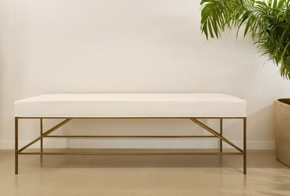 58" Ivory and Gold Upholstered Linen Bench