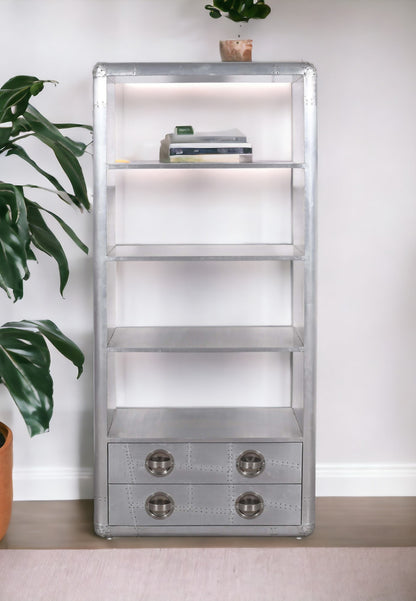 71" Silver Aluminum Four Tier Bookcase with Two Drawers