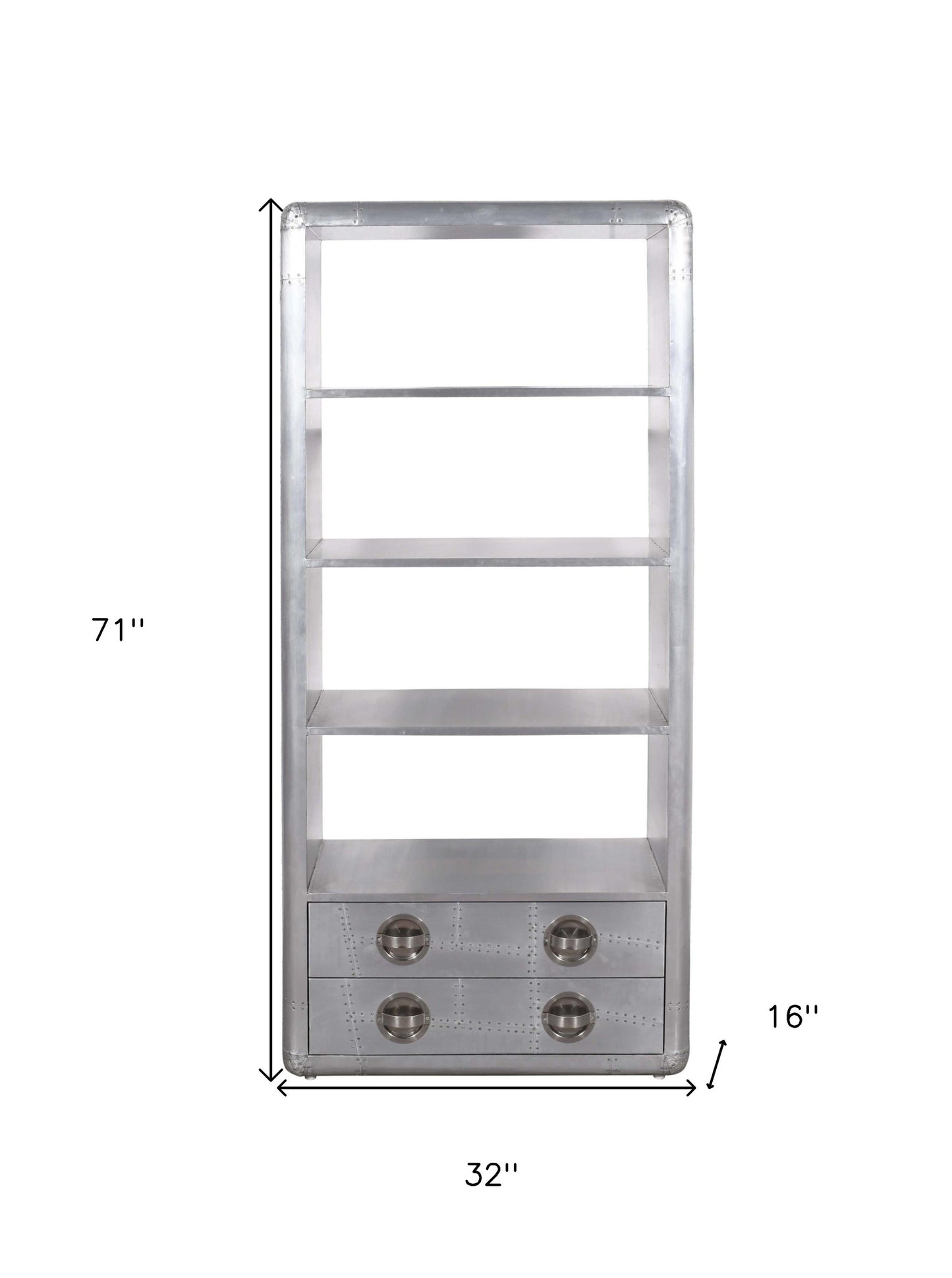 71" Silver Aluminum Four Tier Bookcase with Two Drawers