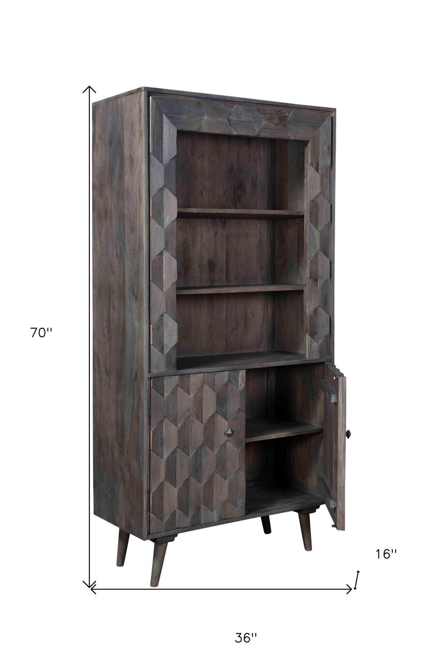 70" Gray Distressed Solid Wood Three Tier Bookcase with Two Doors