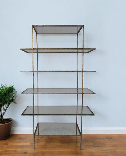 59" Brass Iron and Glass Five Tier Etagere Bookcase