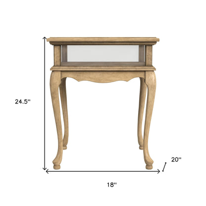 25" Beige Distressed Glass And Solid Wood End Table