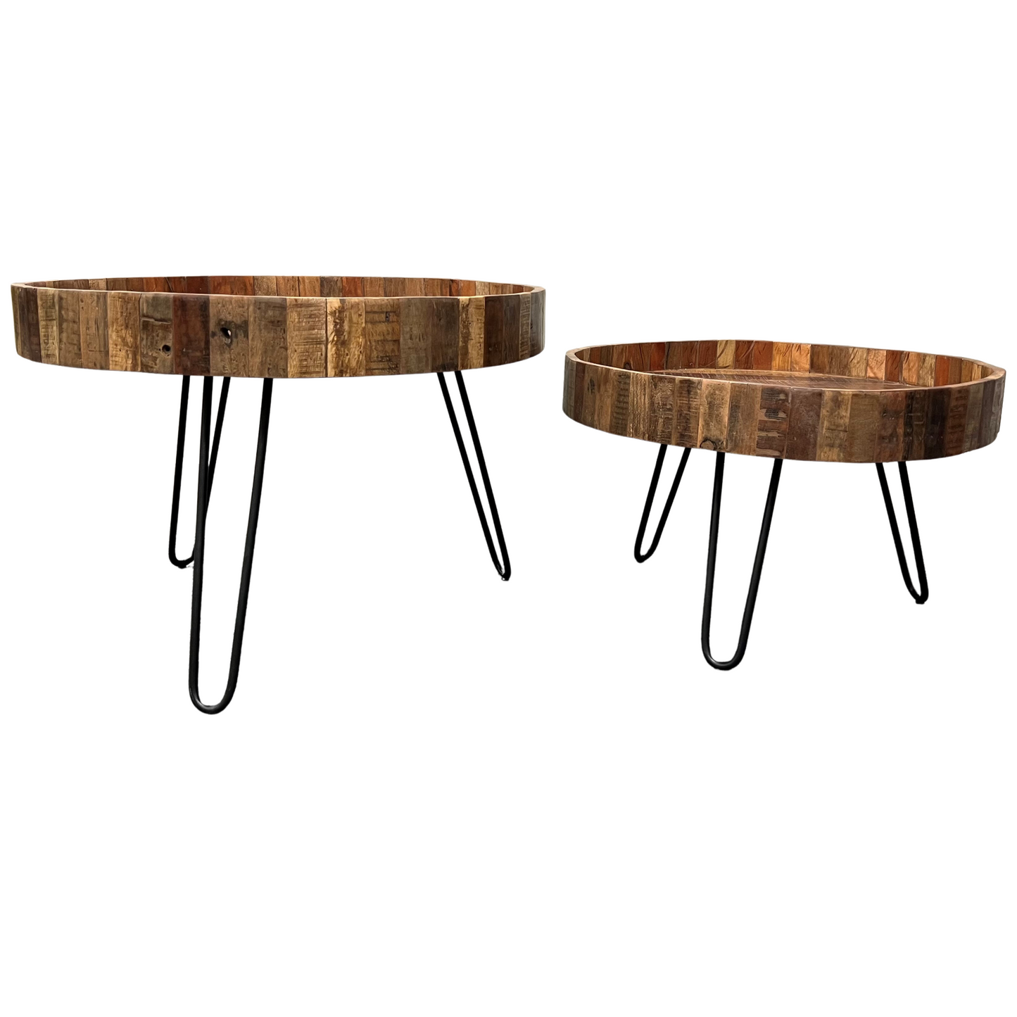 Set Of Two Black And Natural Brown Solid Wood And Iron Round End Tables