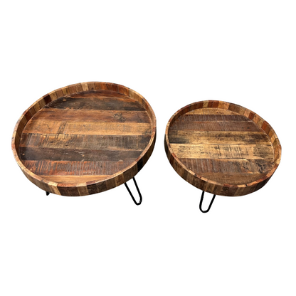 Set Of Two Black And Natural Brown Solid Wood And Iron Round End Tables