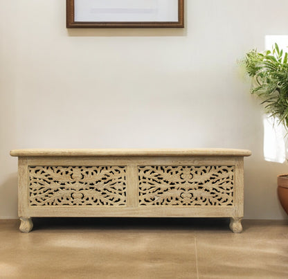 46" Antique White Solid Carved Wood Scroll Bench with Flip Top