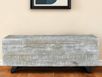 46" Gray and Black Distressed Solid Wood Storage Bench with Flip Top