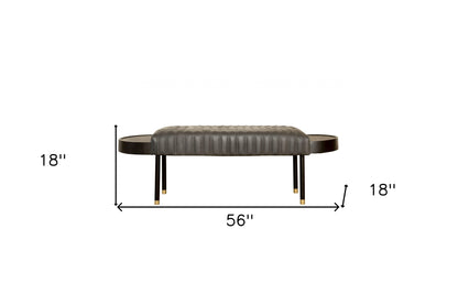 56" Dark Gray and Black Upholstered Genuine Leather Bench