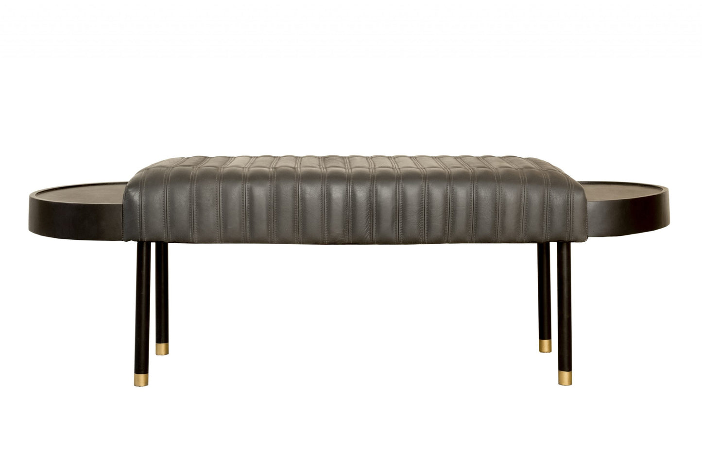 56" Dark Gray and Black Upholstered Genuine Leather Bench