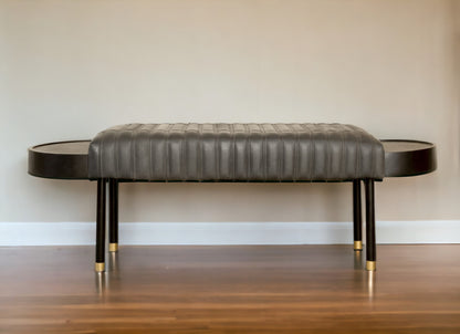 56" Dark Gray and Black Upholstered Genuine Leather Bench