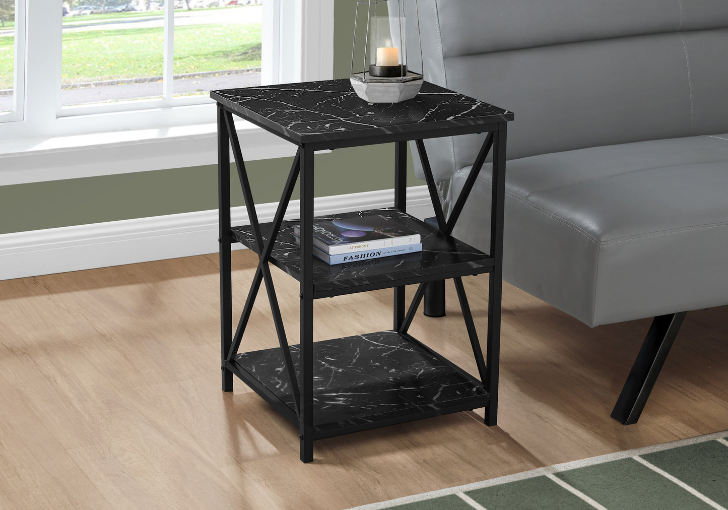 26" Black Square End Table With Two Shelves