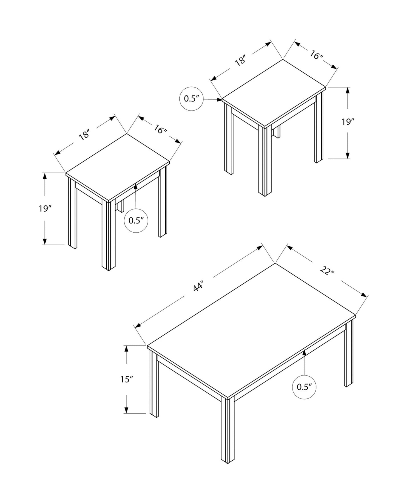 Set of Three 44" Dark Brown Coffee Table