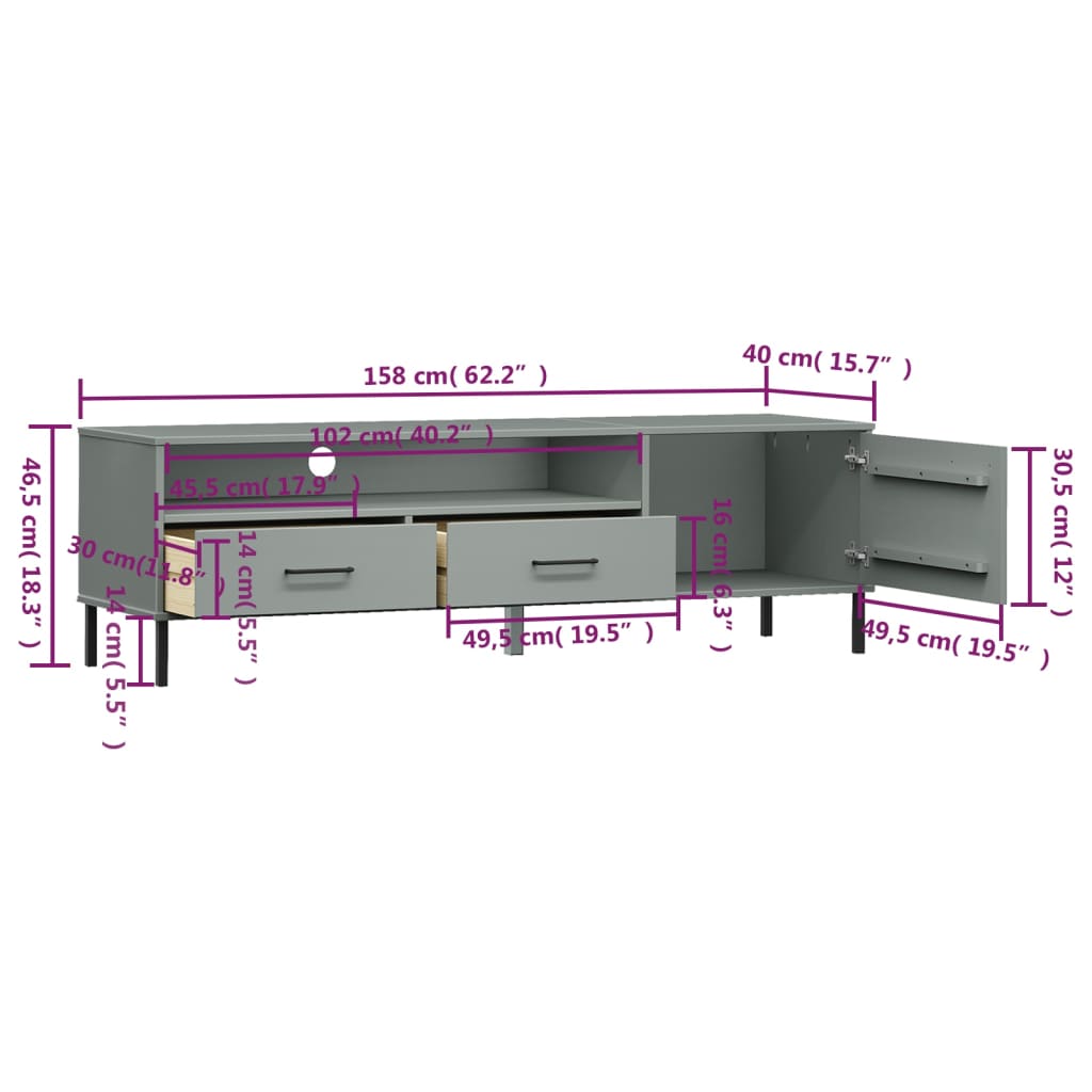 TV Stand with Metal Legs Gray Solid Wood Pine OSLO