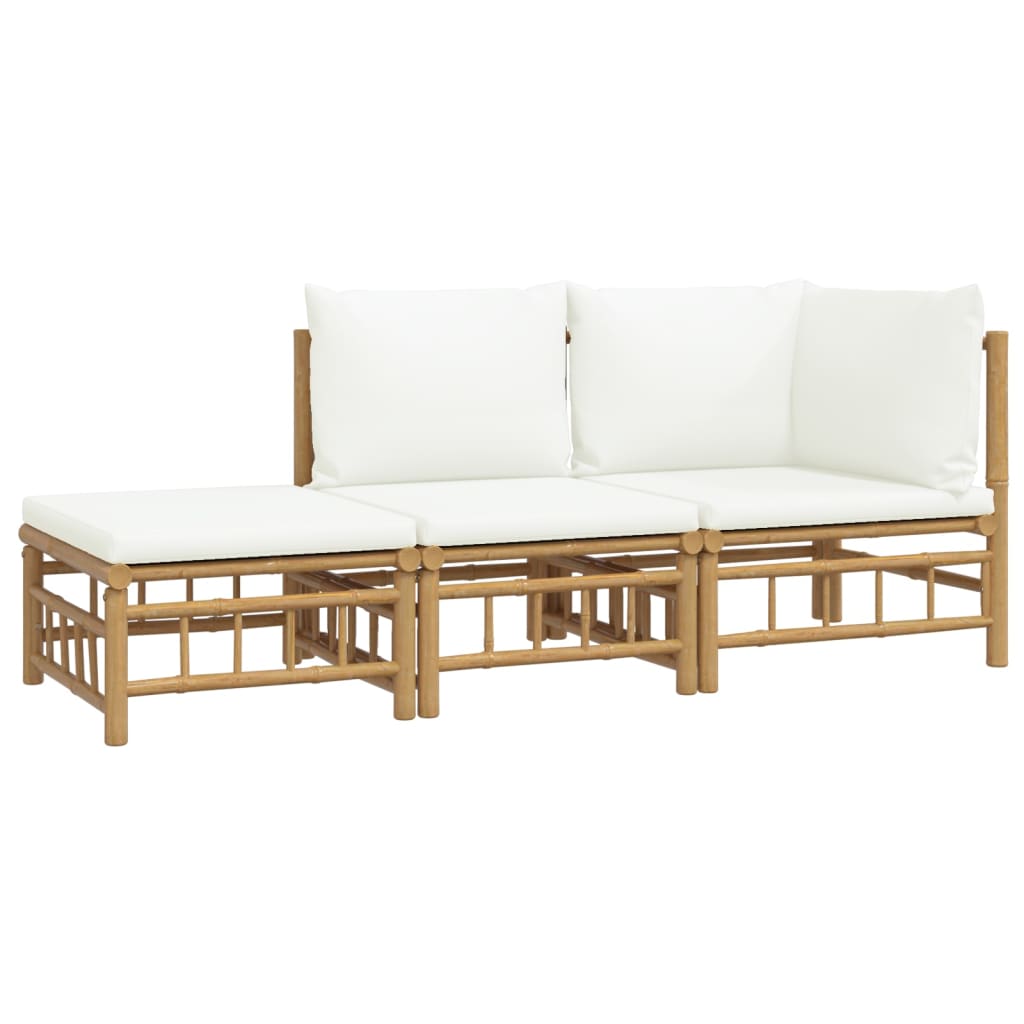 3 Piece Patio Lounge Set with Cream White Cushions Bamboo