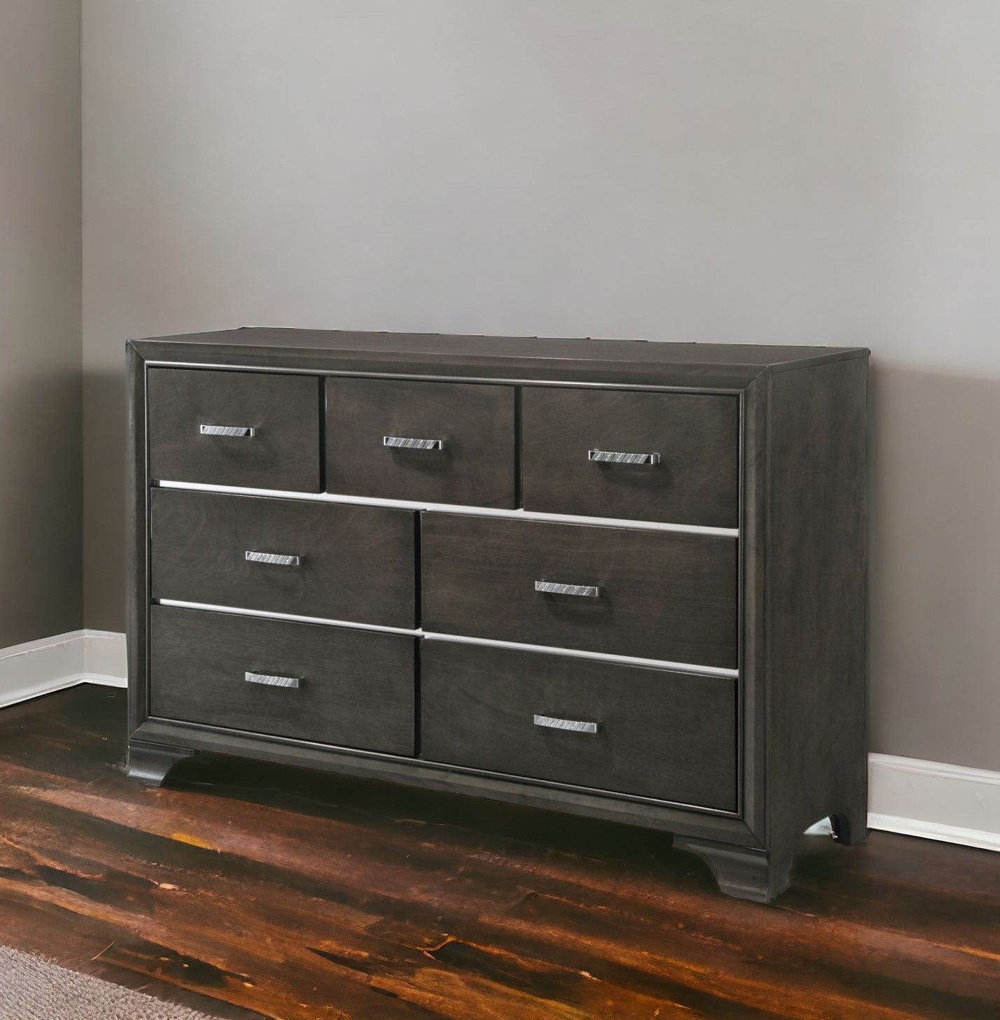 58" Gray Solid and Manufactured Wood Seven Drawer Triple Dresser