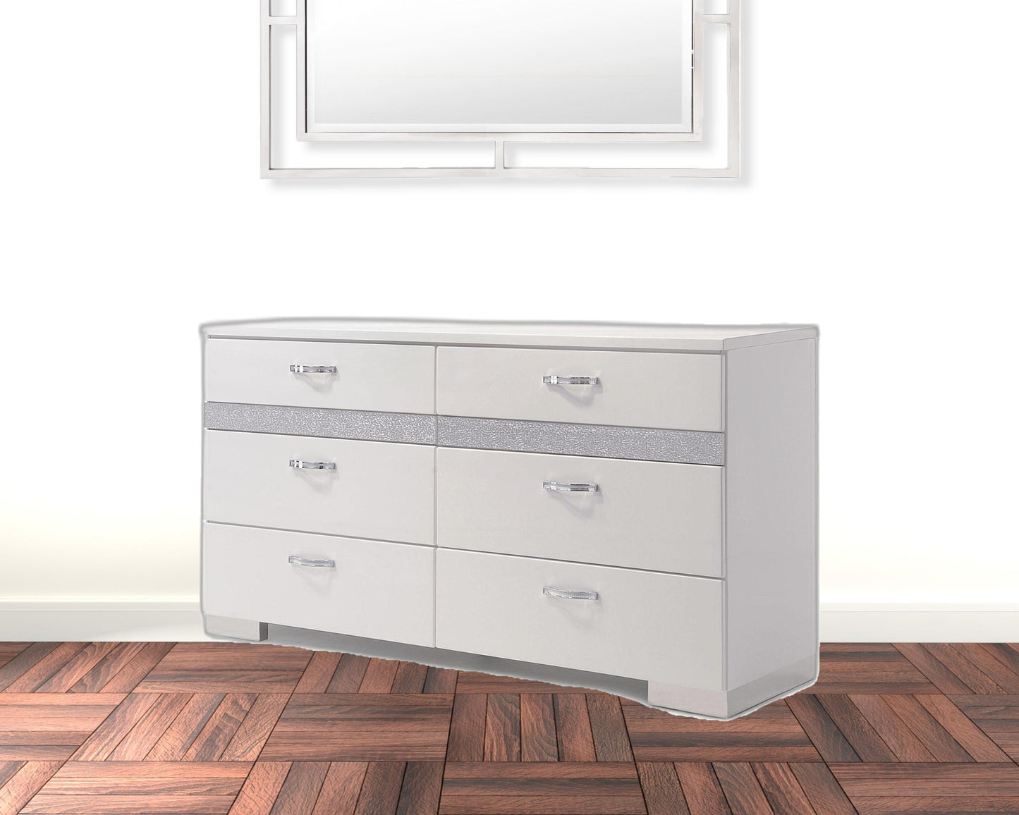 63" White High Gloss Manufactured Wood Eight Drawer Double Dresser