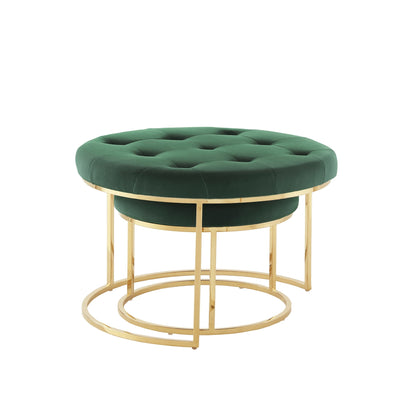 Set of Two Green Velvet and Gold Tufted Round Ottomans