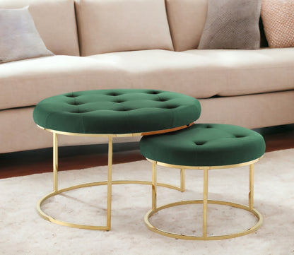 Set of Two Green Velvet and Gold Tufted Round Ottomans